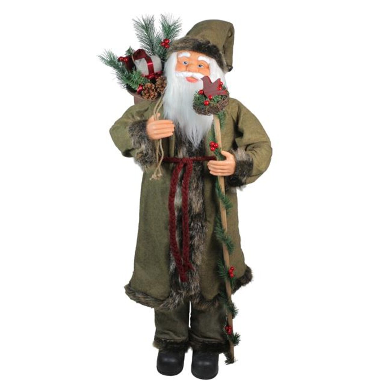 Northlight 32915434 51 in. Plush Standing Santa Claus Christmas Figure with Gift Bag &#x26; Staff